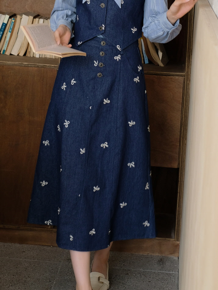 Denim Embroidered Bow Skirt