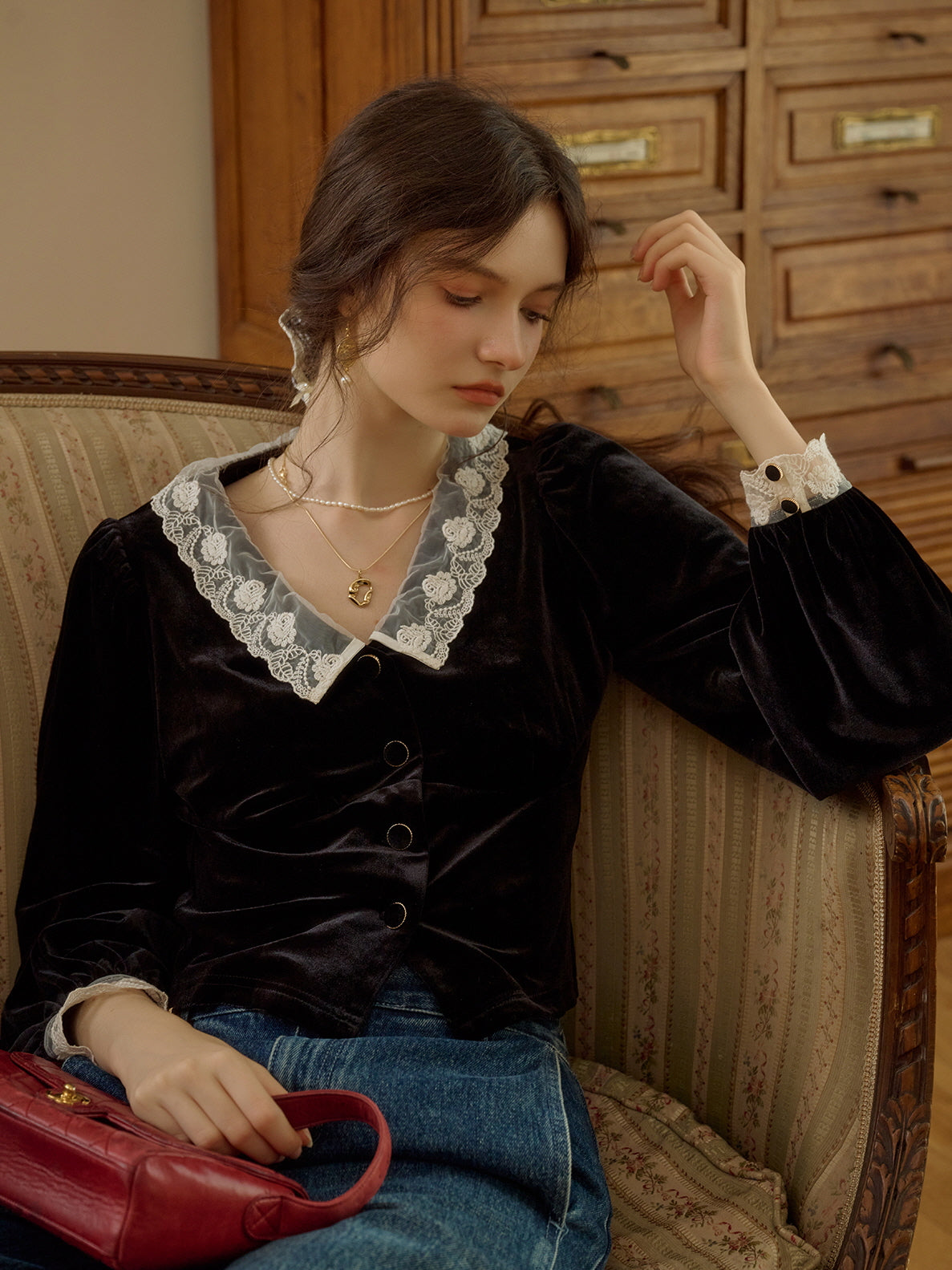 Lace Trim Velvet Black Blouse