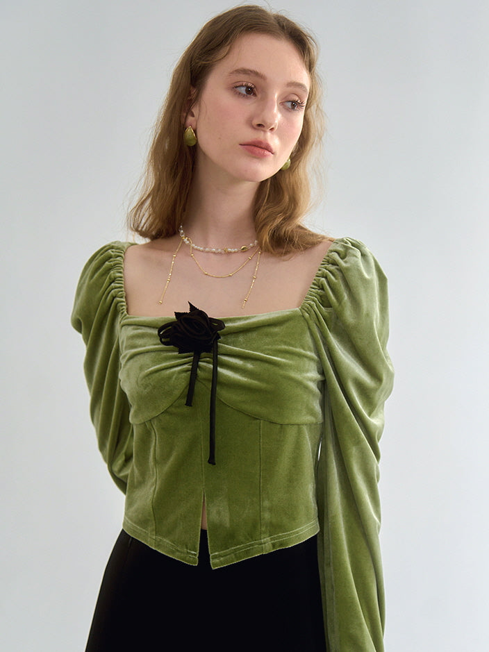 Vintage-Inspired Velvet Puff Sleeve Top