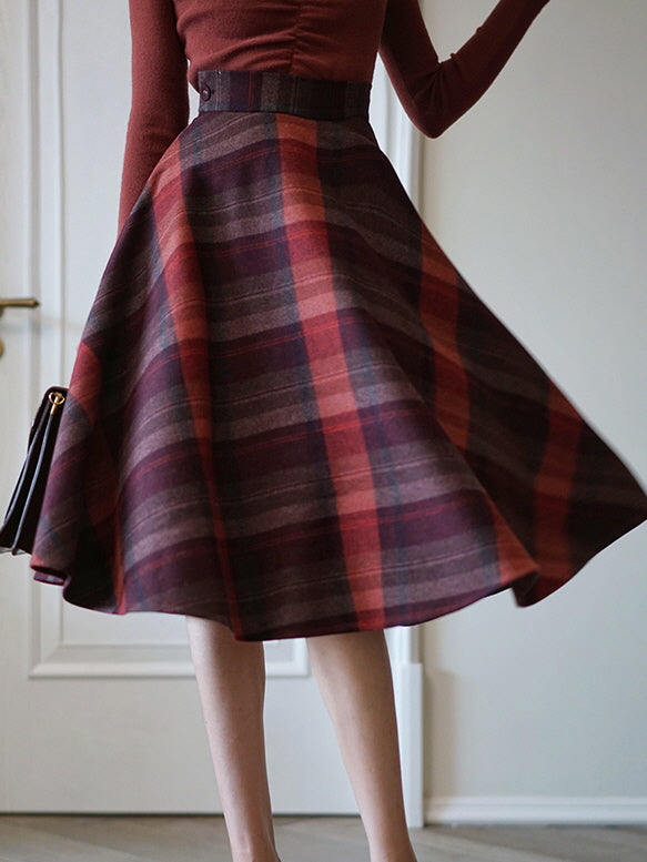 Autumn Plaid Red Checkered Wool Vintage Skirt