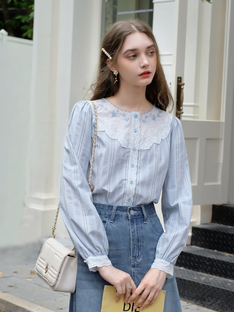 Blue Striped Cotton Lace Blouse