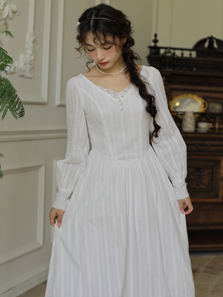 Victorian Elegance Long White Lace Dress