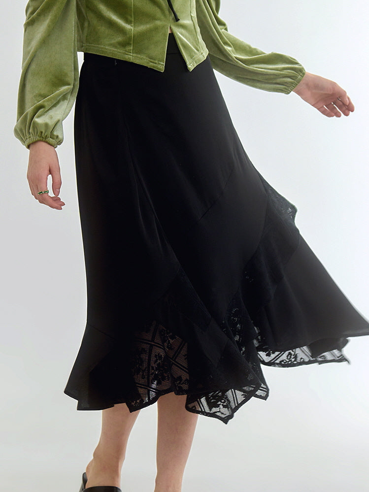 Elegant Black Asymmetrical Lace Midi Skirt