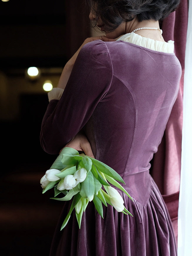 Ruffled Trim Royal Purple Velvet Vintage Dress