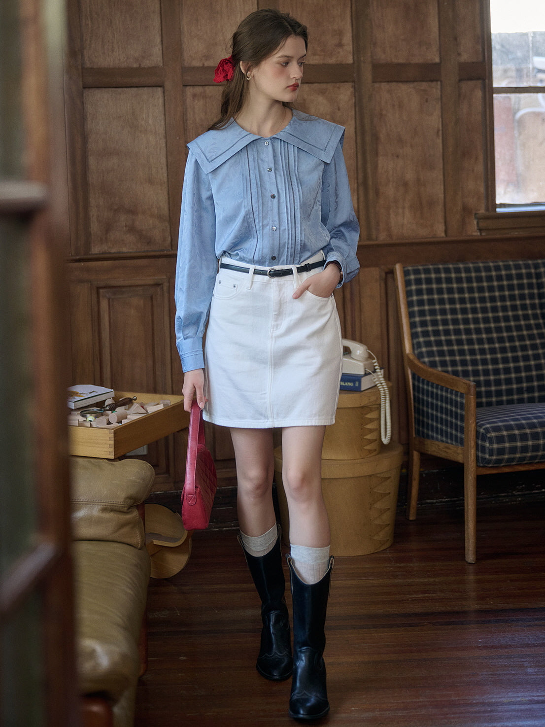 Vintage Floral Embossed Sailor Collar Blouse