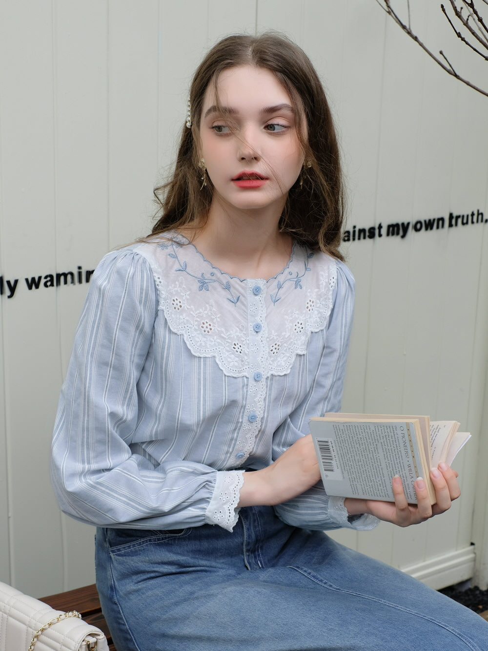 Blue Striped Cotton Lace Blouse