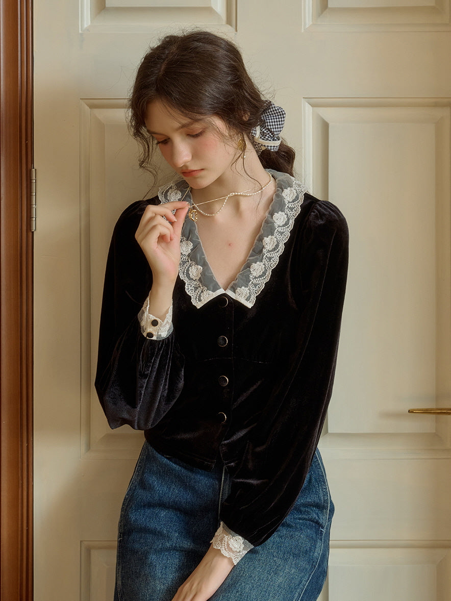 Lace Trim Velvet Black Blouse