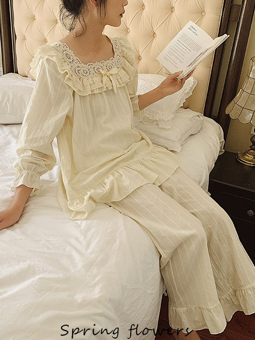 Vintage Lace-Trimmed Cotton Pajama Set