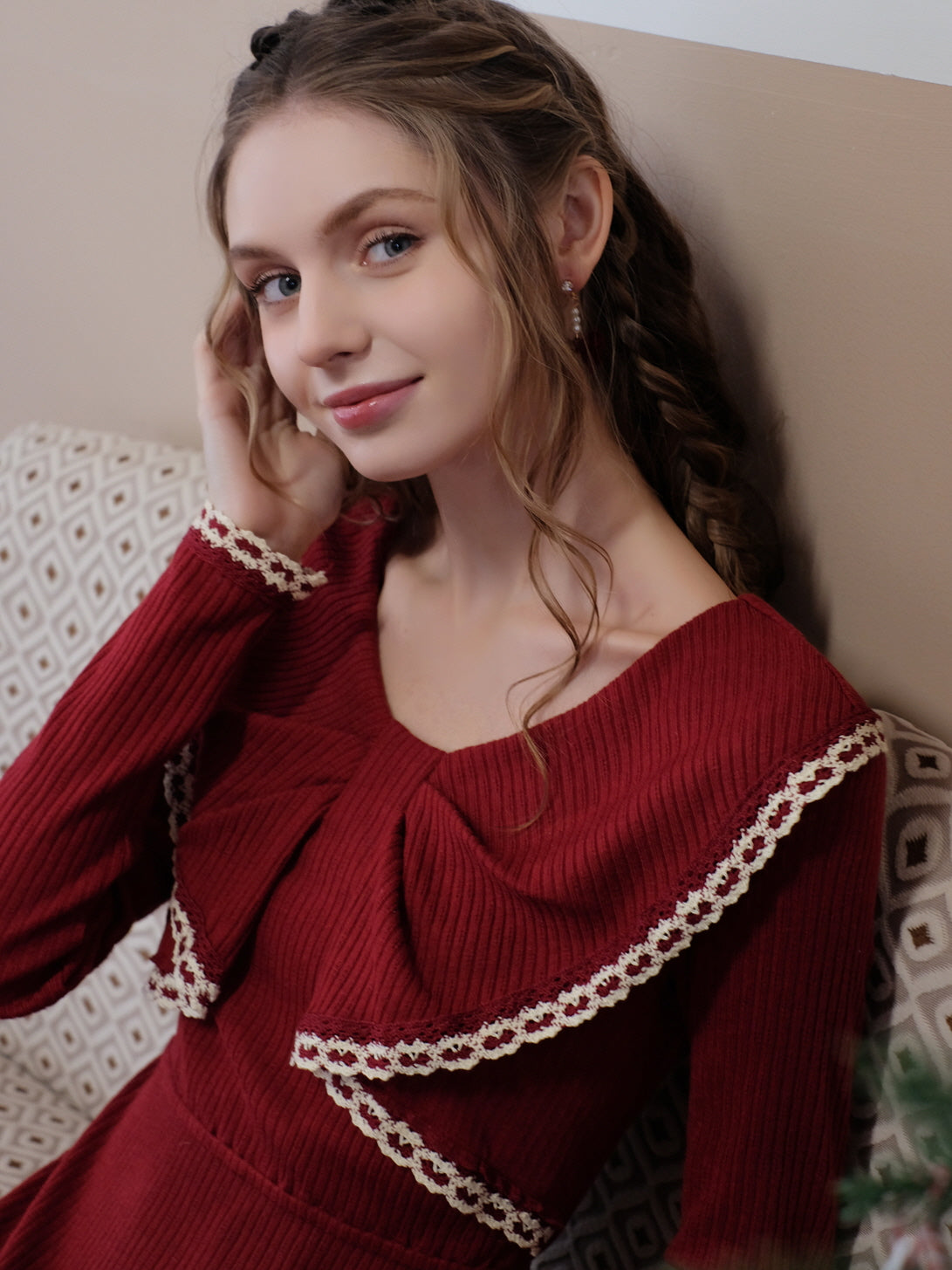 Festive Red Knit Dress with Lace Bow Detail