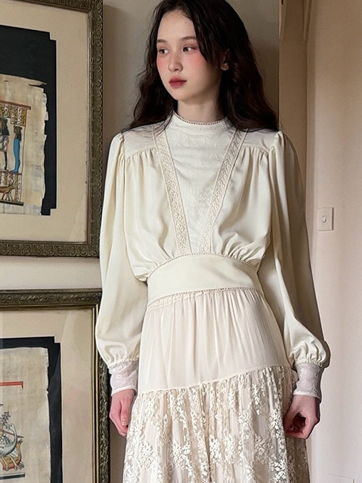 Vintage Elegance Lace Trim Blouse