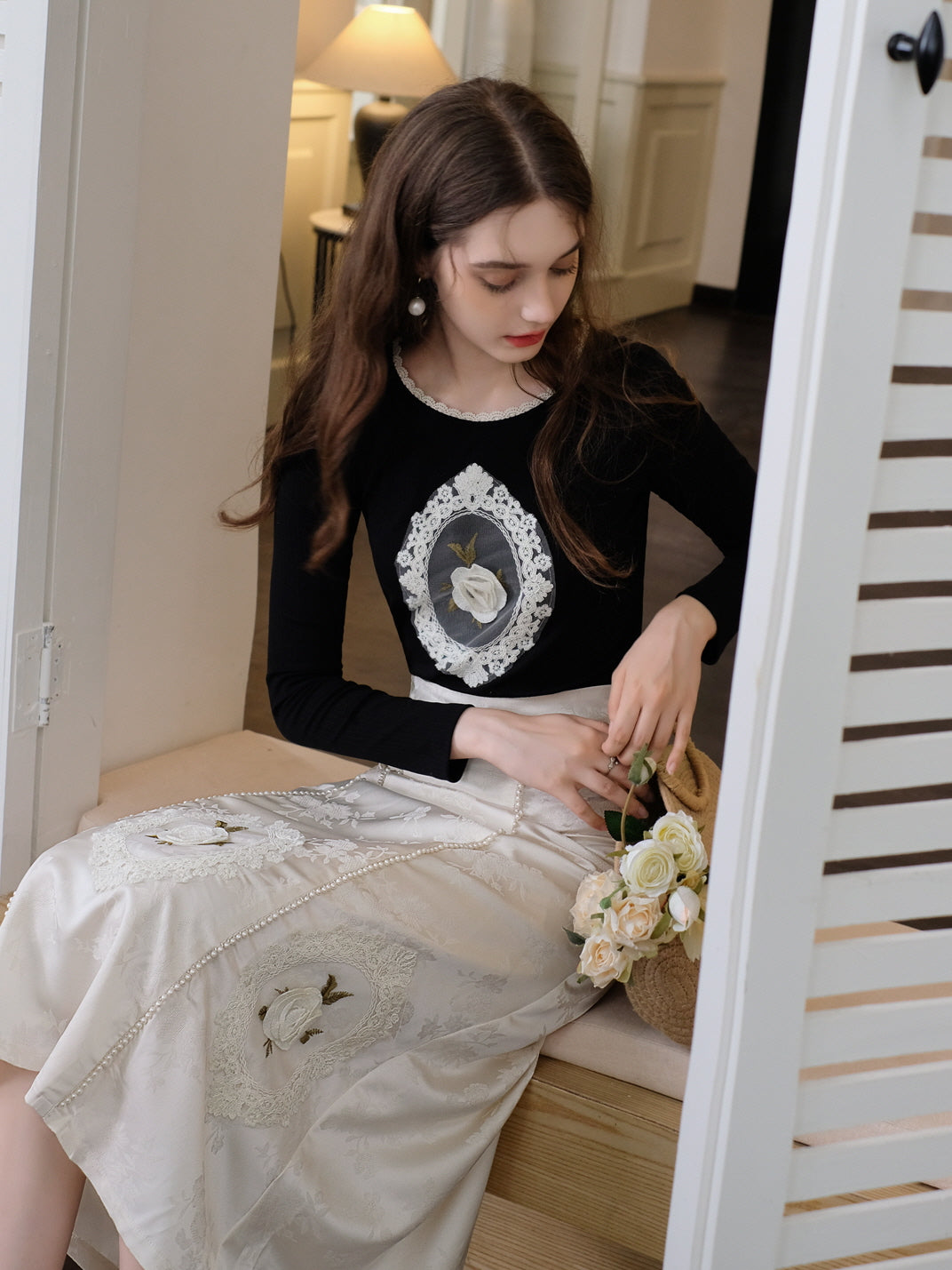 Black Rose Embroidered Vintage Knit Top