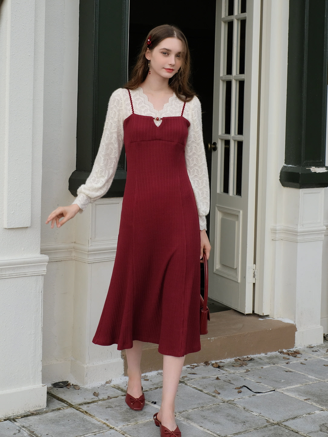 Romantic Lace Knit and Burgundy Dress