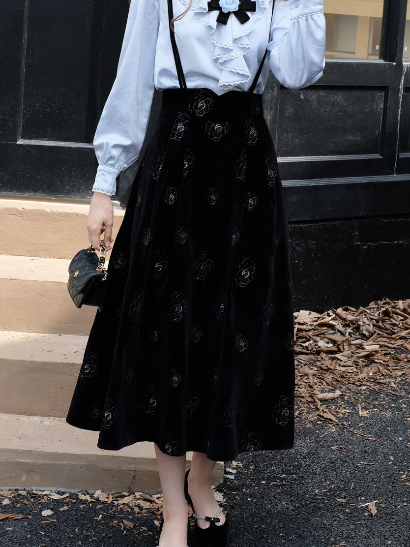 Embroidered Velvet Rose Black Skirt