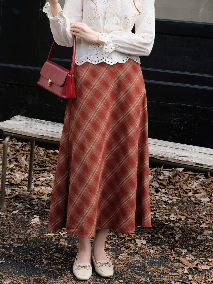 Red Vintage Plaid Cotton Skirt