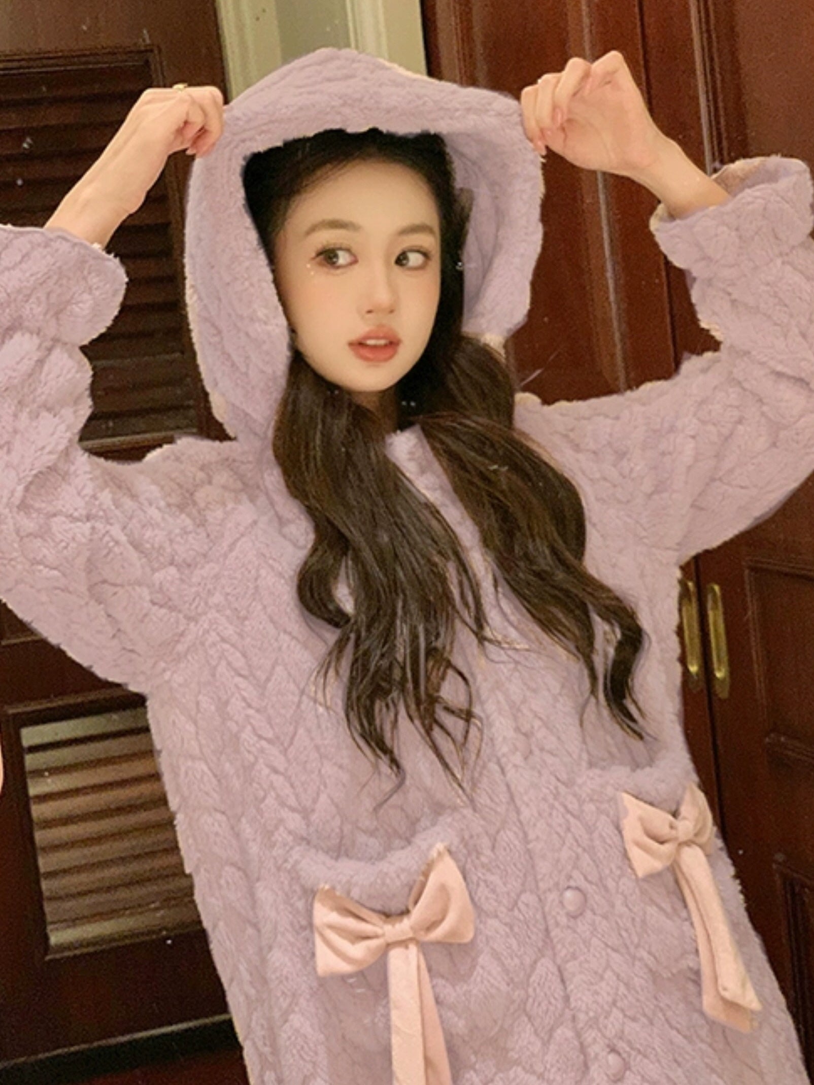 Cozy Winter Velvet Bow Hooded Robe