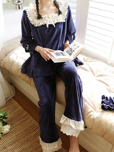 Midnight Velvet Lace-Trim Pajama Set