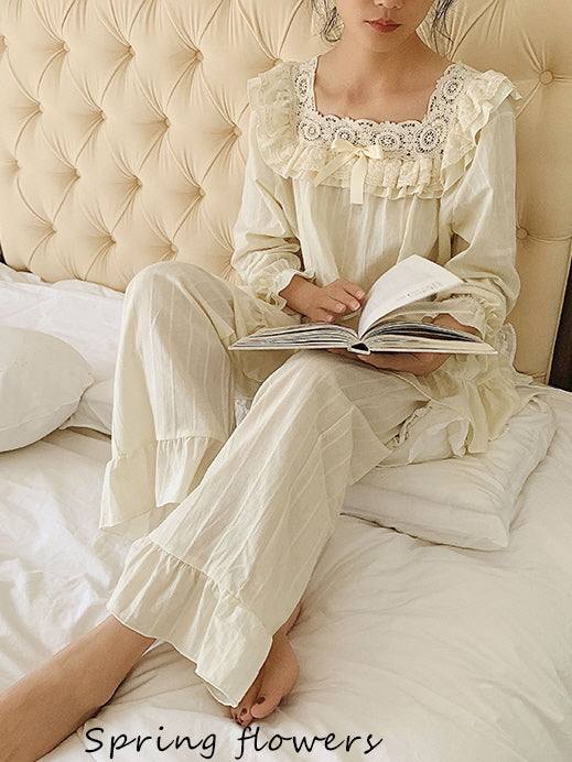 Vintage Lace-Trimmed Cotton Pajama Set