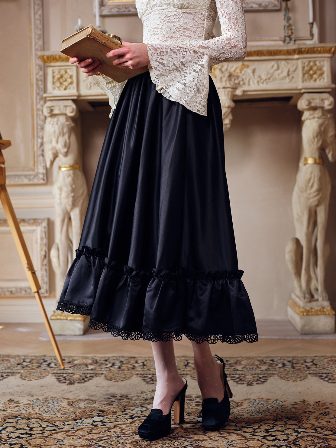 Vintage-Inspired Satin Ruffled Lace Black Skirt