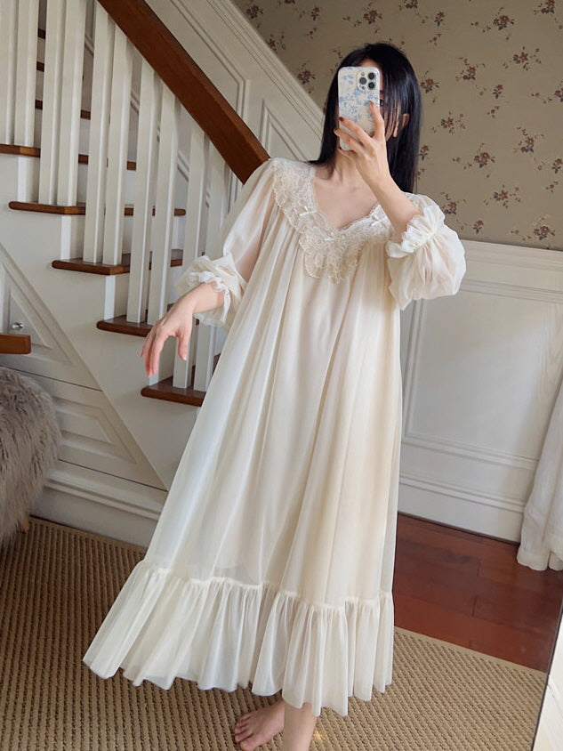 Ethereal Lace-Trim Ivory Nightgown