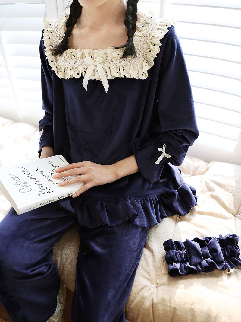 Midnight Velvet Lace-Trim Pajama Set