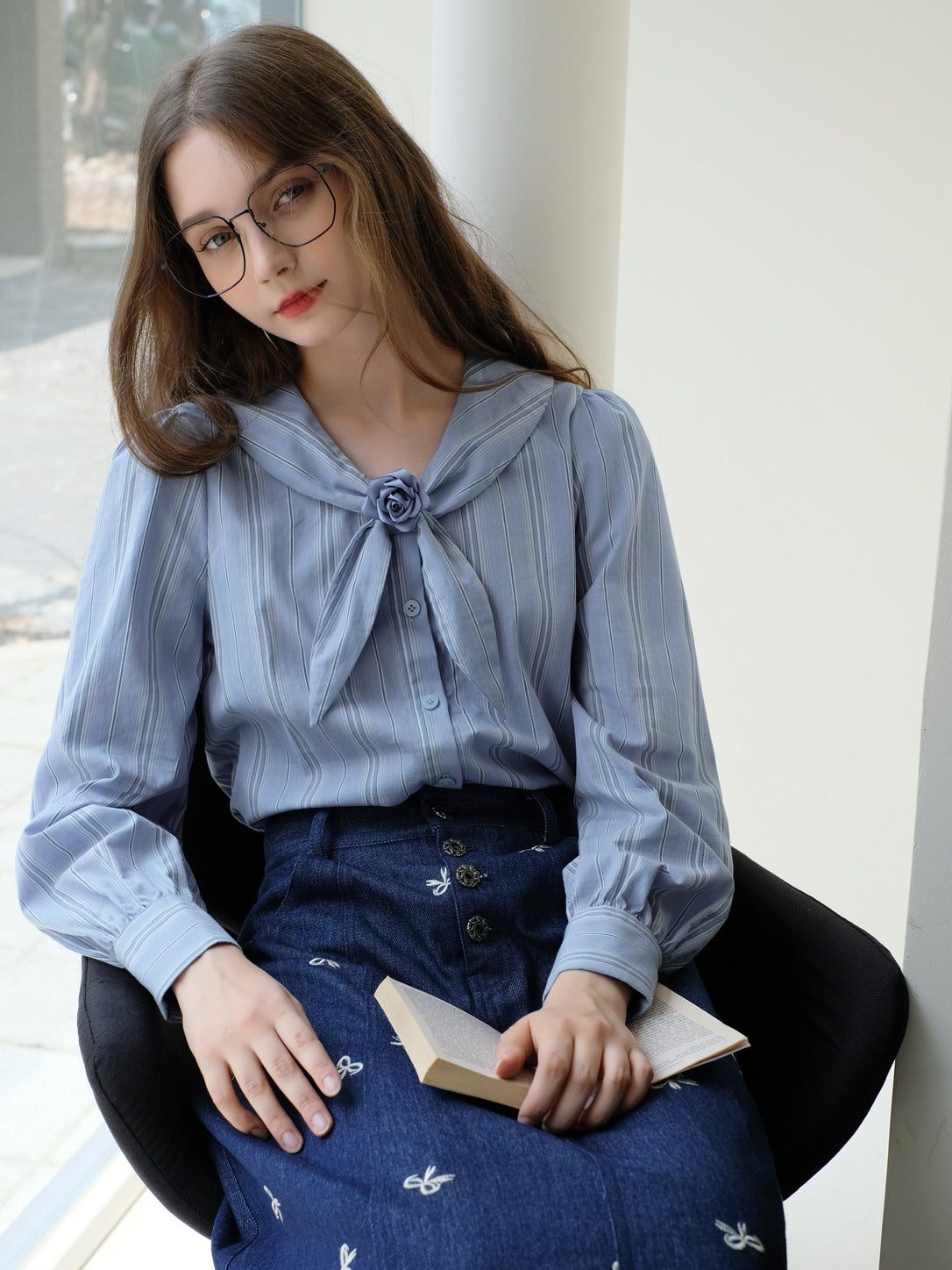 Vintage Blue Striped Blouse and Denim  Vest