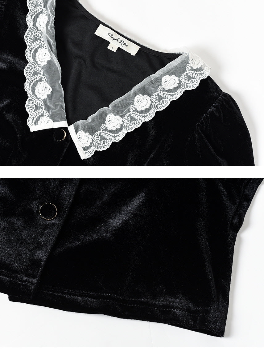 Lace Trim Velvet Black Blouse