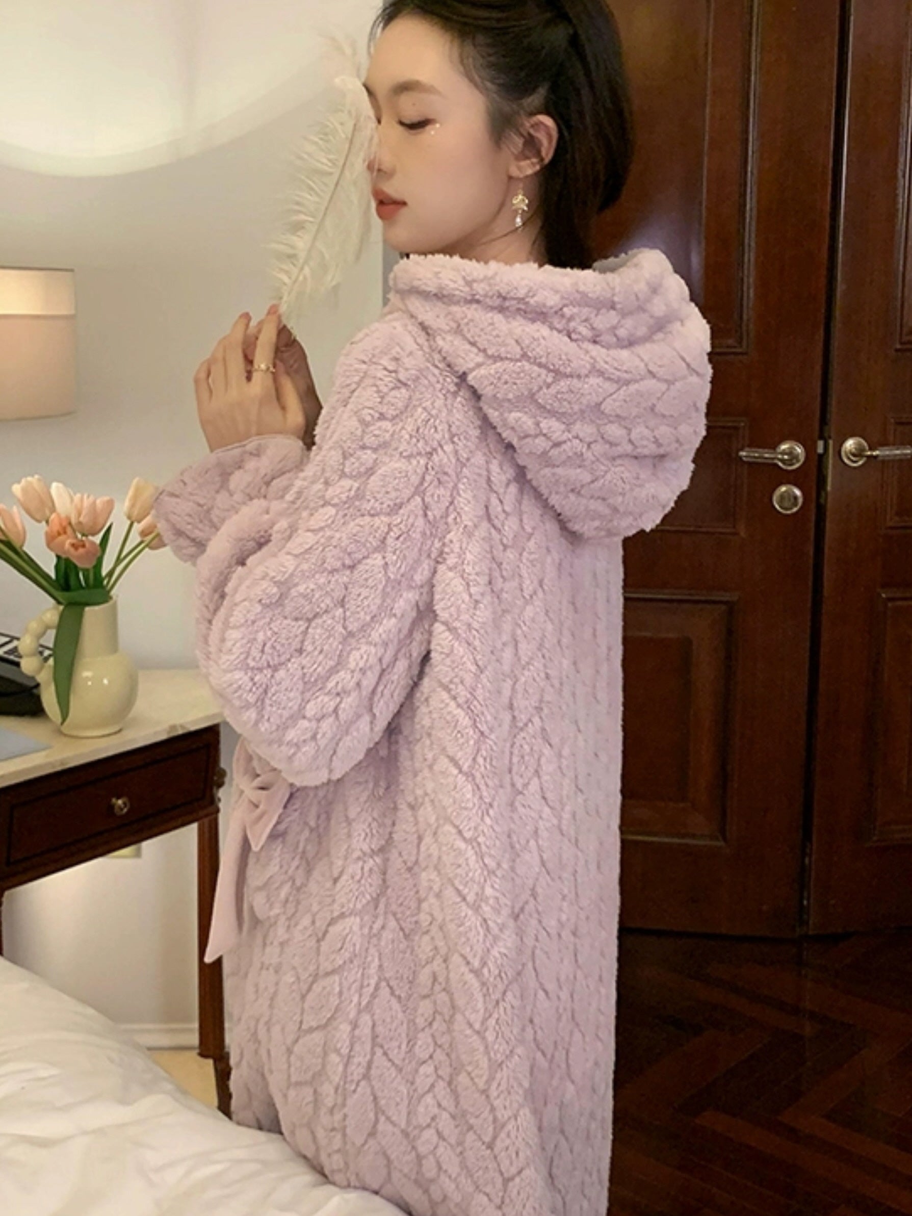 Cozy Winter Velvet Bow Hooded Robe