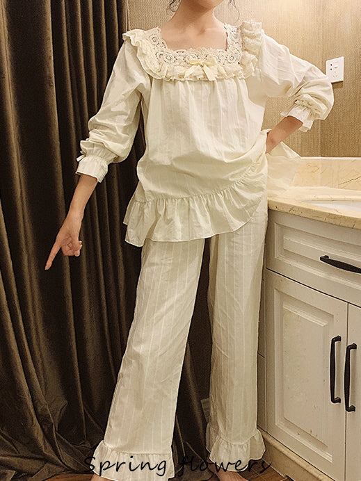 Vintage Lace-Trimmed Cotton Pajama Set