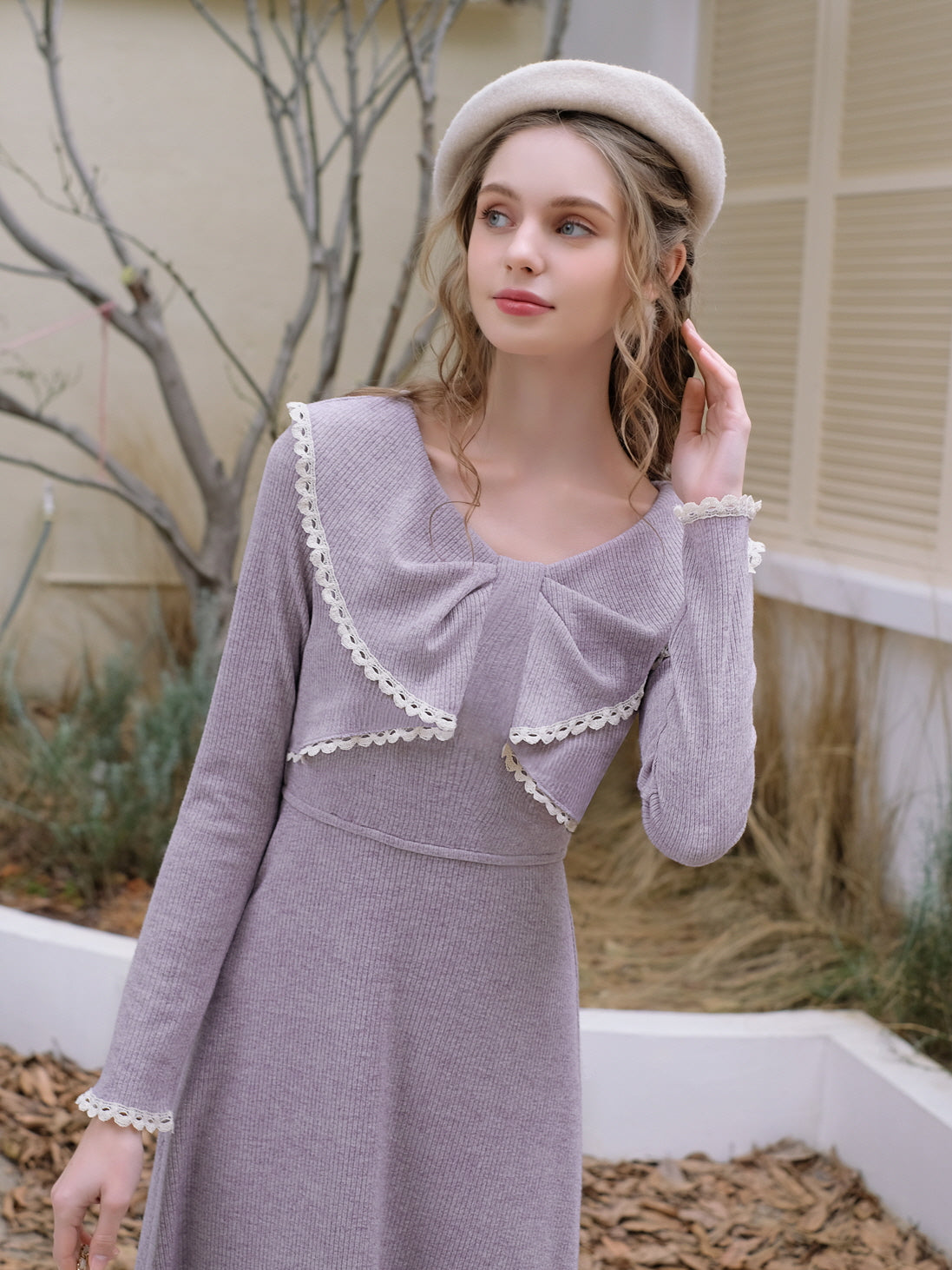 Lilac Bow-Knit Dress with Lace Trim Accents