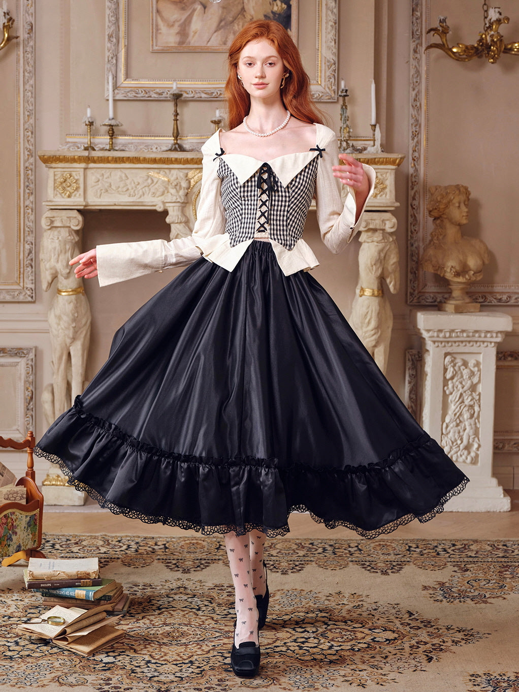 Vintage-Inspired Satin Ruffled Lace Black Skirt