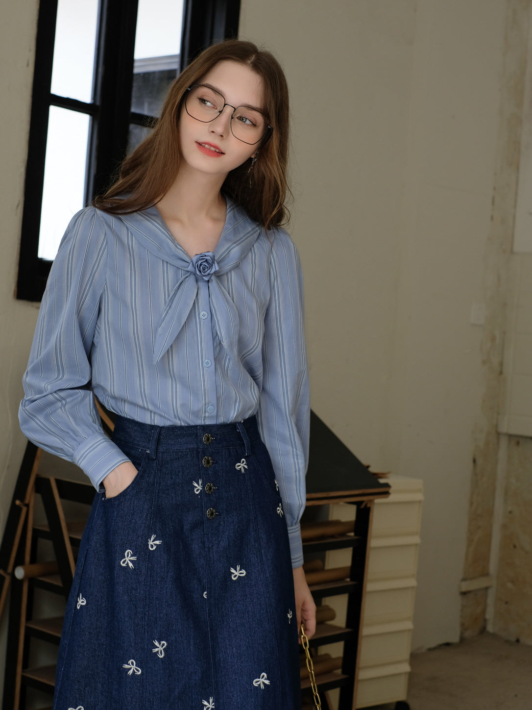 Denim Embroidered Bow Skirt