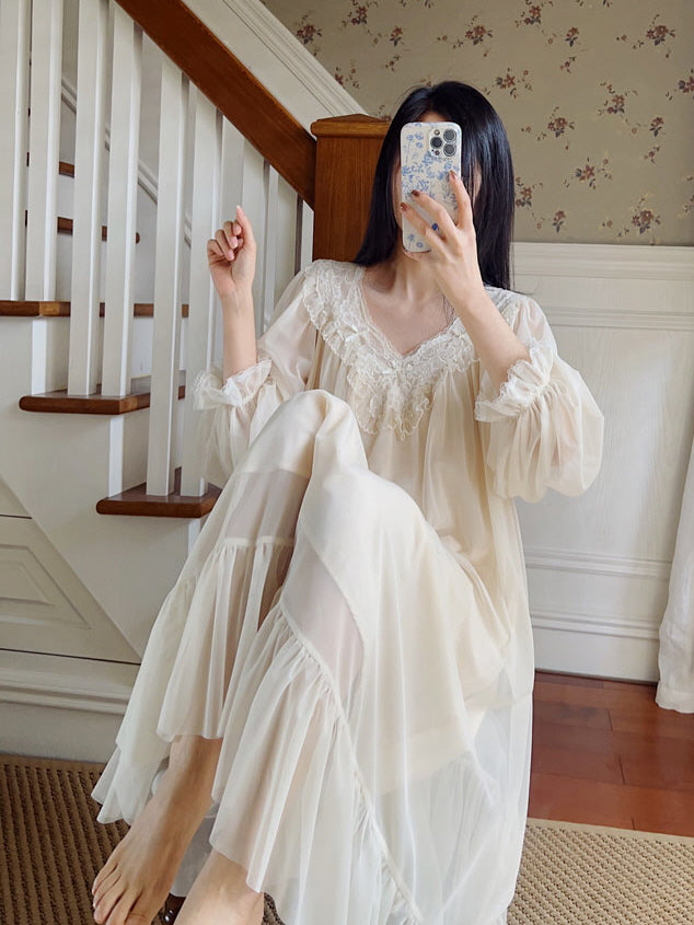 Ethereal Lace-Trim Ivory Nightgown