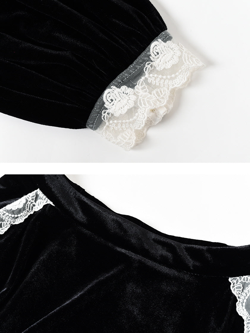 Lace Trim Velvet Black Blouse