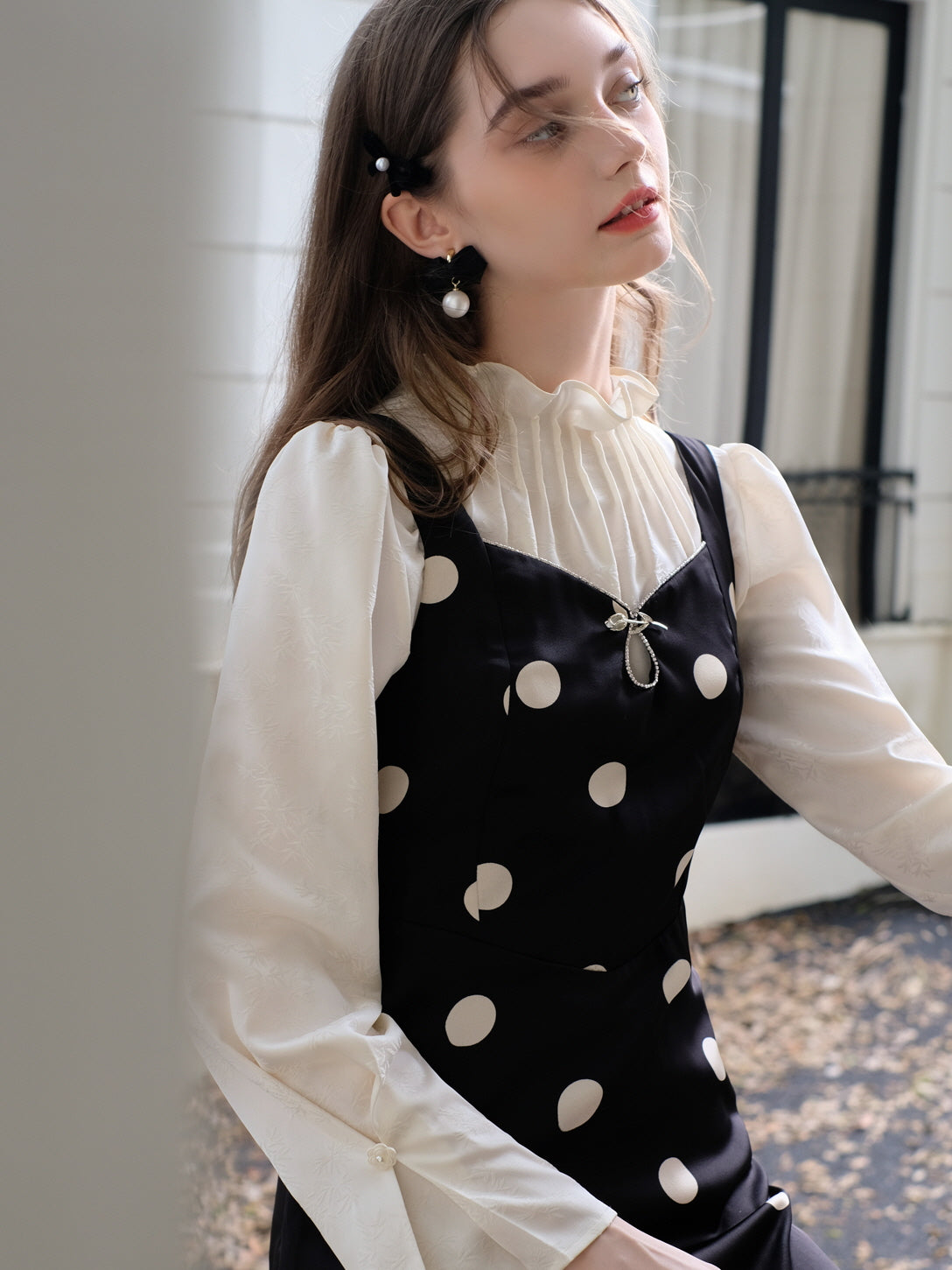 Rose Brooch Elegant Polka Dot Slip Dress