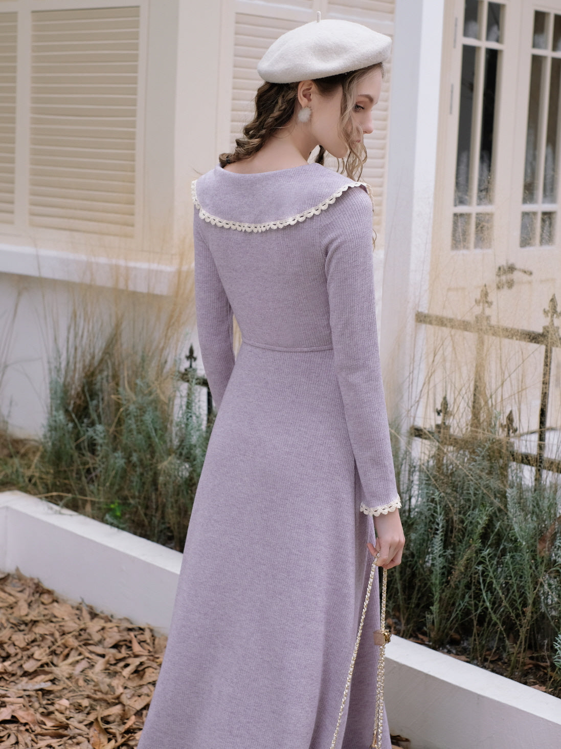 Lilac Bow-Knit Dress with Lace Trim Accents