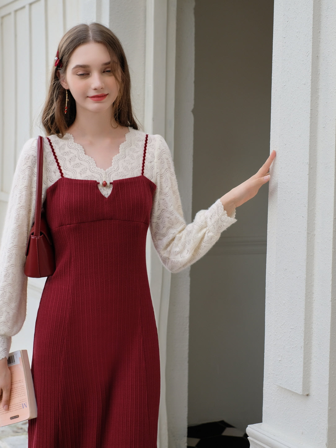 Romantic Lace Knit and Burgundy Dress