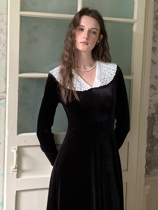 Velvet Elegance Lace Collar Dress