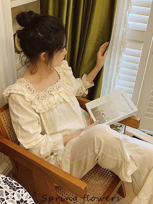 Vintage Lace-Trimmed Cotton Pajama Set