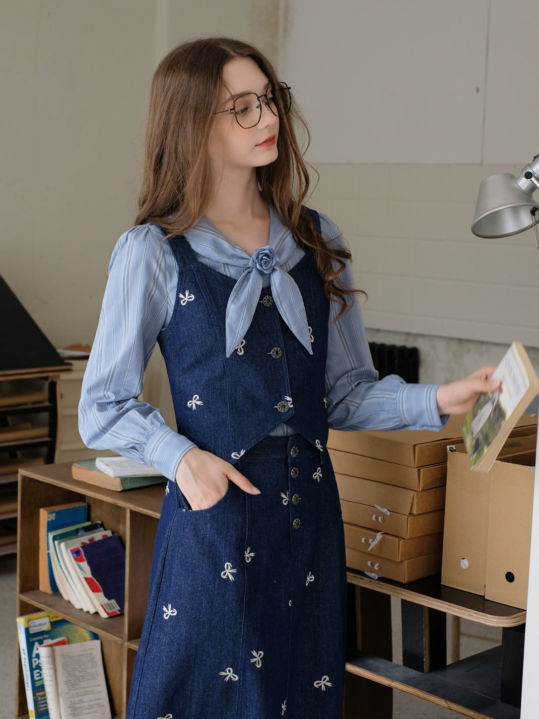 Vintage Blue Striped Blouse and Denim  Vest