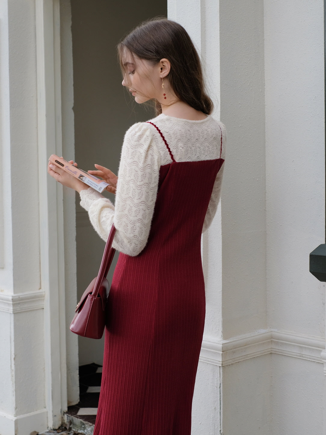 Romantic Lace Knit and Burgundy Dress