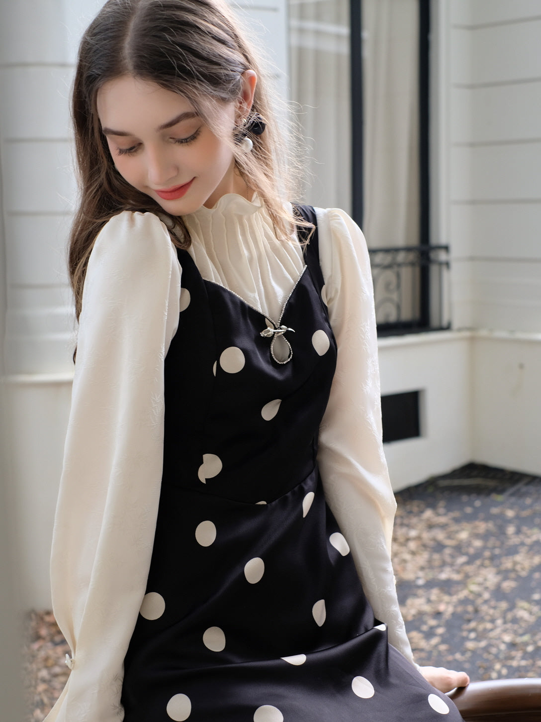 Rose Brooch Elegant Polka Dot Slip Dress