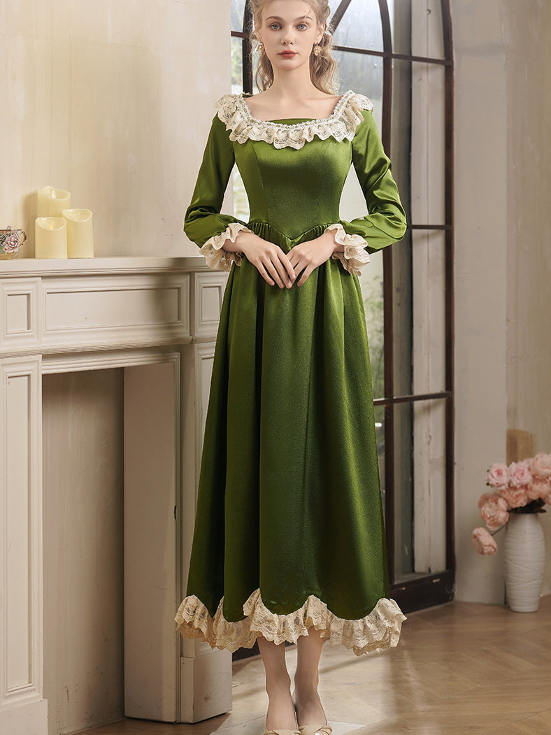 Emerald Elegance Lace Trim Satin Dress