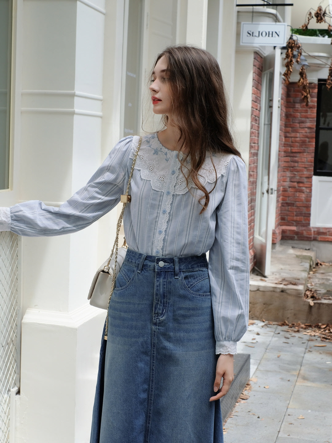 Blue Striped Cotton Lace Blouse