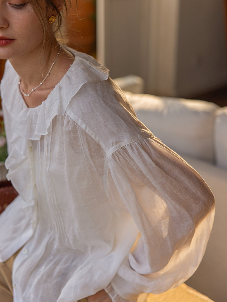 Delicate Ruffle Collar Ramie Blouse