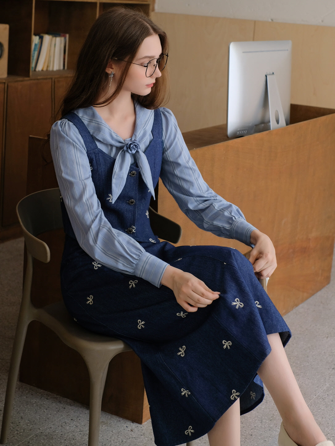 Vintage Blue Striped Blouse and Denim  Vest