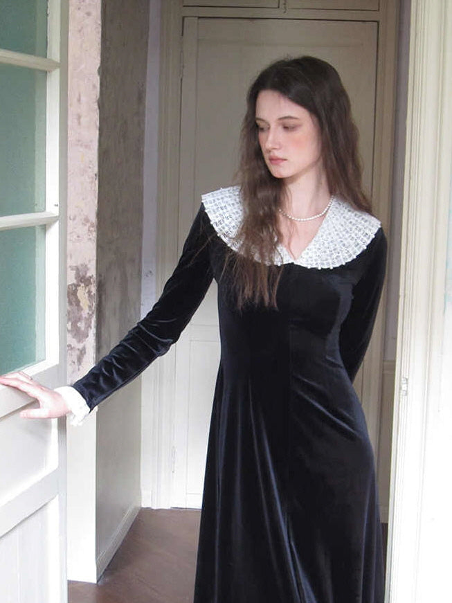 Velvet Elegance Lace Collar Dress