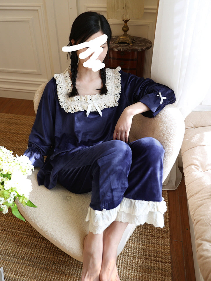 Midnight Velvet Lace-Trim Pajama Set