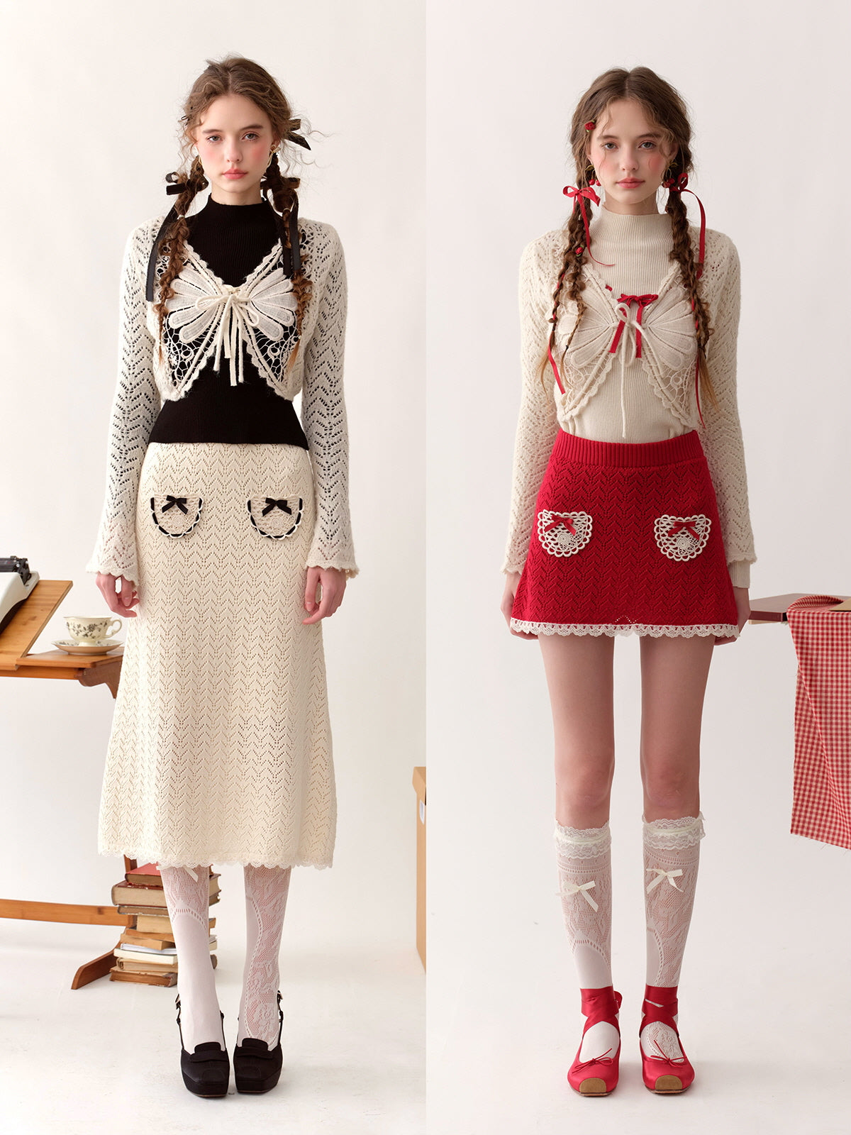 Coquette Knit Skirt with Lace Heart Pockets