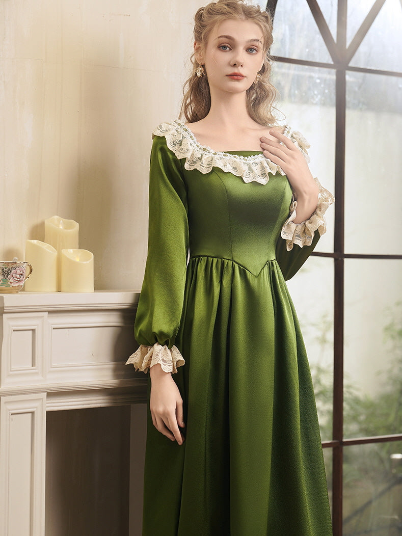 Emerald Elegance Lace Trim Satin Dress