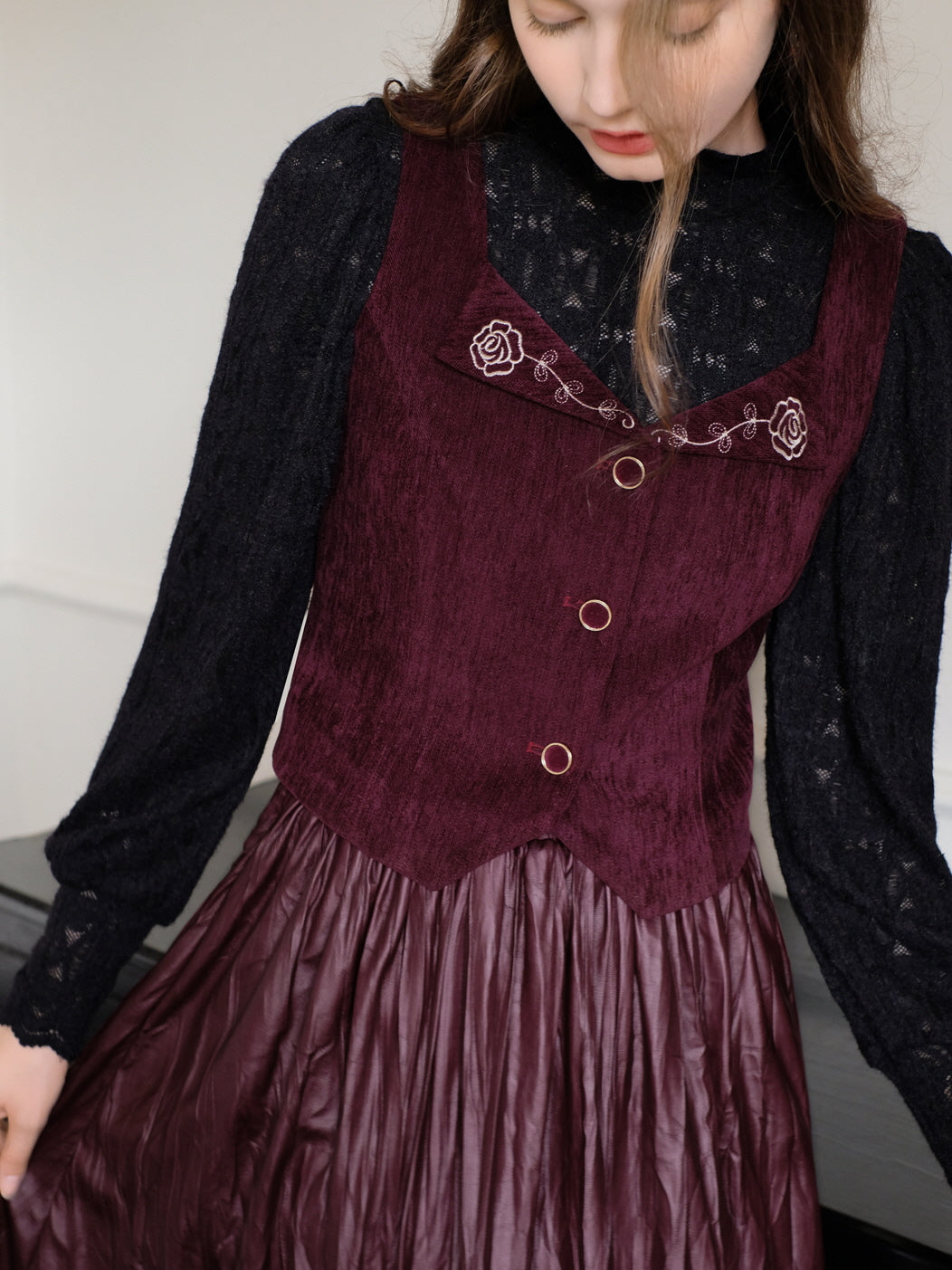 Romantic Lace Top and Embroidered Rose Vest